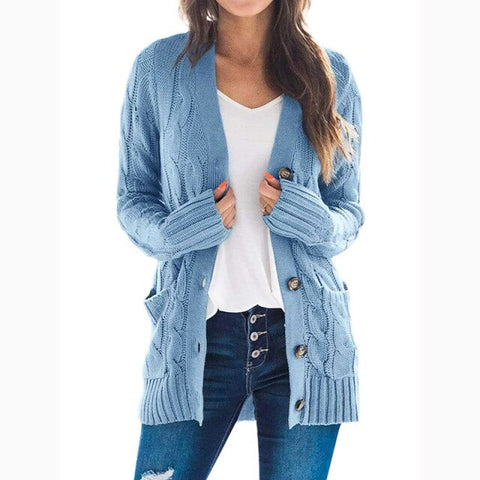 Cardigan Long Sleeve Plus Size Pocket Ribbed Knitted Sweater
