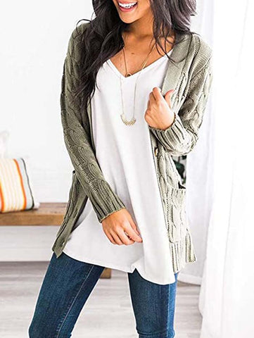 Cardigan Long Sleeve Plus Size Pocket Ribbed Knitted Sweater