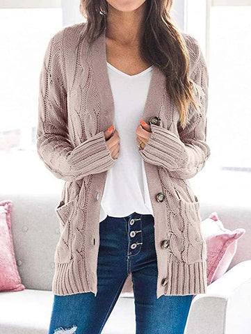 Cardigan Long Sleeve Plus Size Pocket Ribbed Knitted Sweater