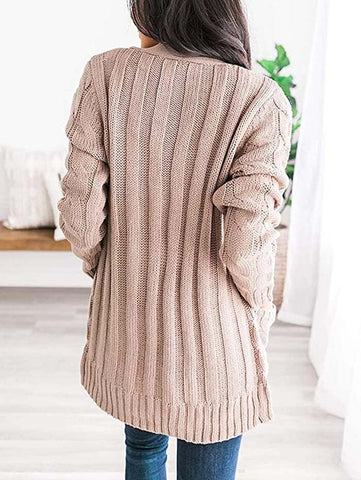 Cardigan Long Sleeve Plus Size Pocket Ribbed Knitted Sweater