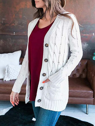 Cardigan Long Sleeve Plus Size Pocket Ribbed Knitted Sweater