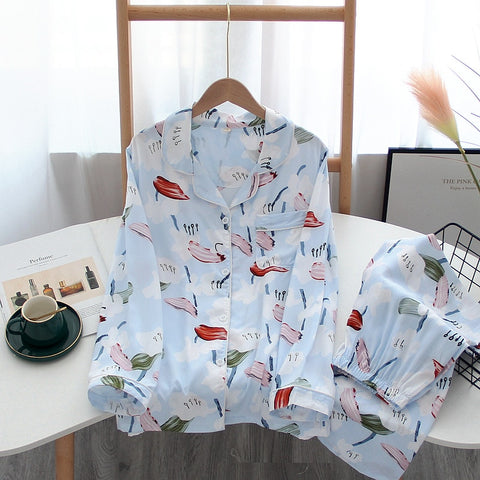 pure cotton silk pajamas suit long-sleeved fresh floral