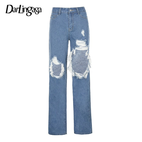 Streetwear Ripped Hole High Waist Jeans Women Pants Casual Straight Denim Vintage