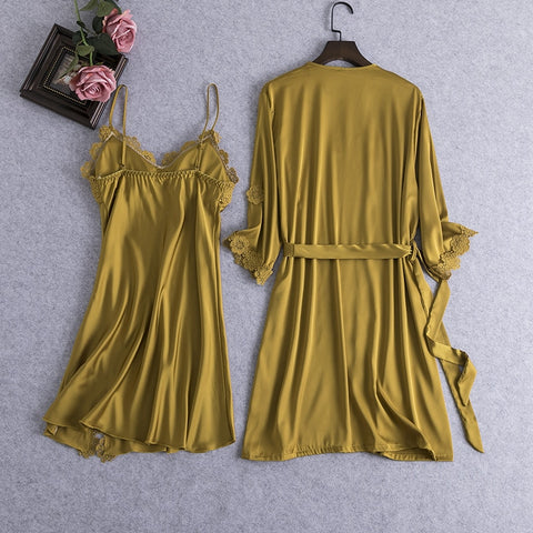 Pajamas Sets  Elegant Sexy Lace  Faux Silk Sleepwear Woman Stain