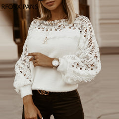 Solid Lace Lantern Sleeve Sweater  Long Sleeve Women Top