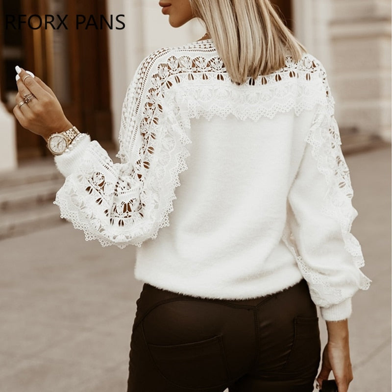 Solid Lace Lantern Sleeve Sweater  Long Sleeve Women Top