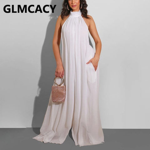 Women Chiffon Halter Backless Jumpsuits Loose Style Long Overalls