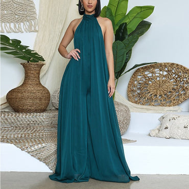Women Chiffon Halter Backless Jumpsuits Loose Style Long Overalls