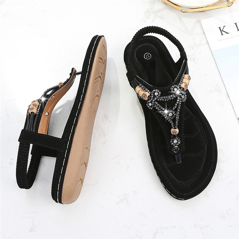 Bohemia Women Ladies Fashion Crystal Bead Flat Slipper Sandals