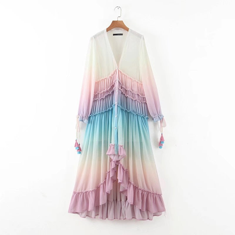 BOHO Gradient Rainbow Color Single-breasted Button Long Dress