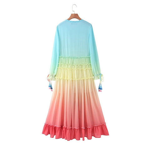 BOHO Gradient Rainbow Color Single-breasted Button Long Dress