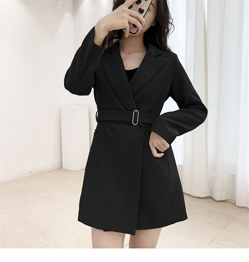 Style Notched Collar Sashes Women Blazer Dress Full Sleeve Slim Waist