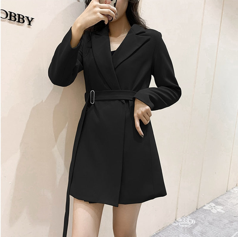 Style Notched Collar Sashes Women Blazer Dress Full Sleeve Slim Waist