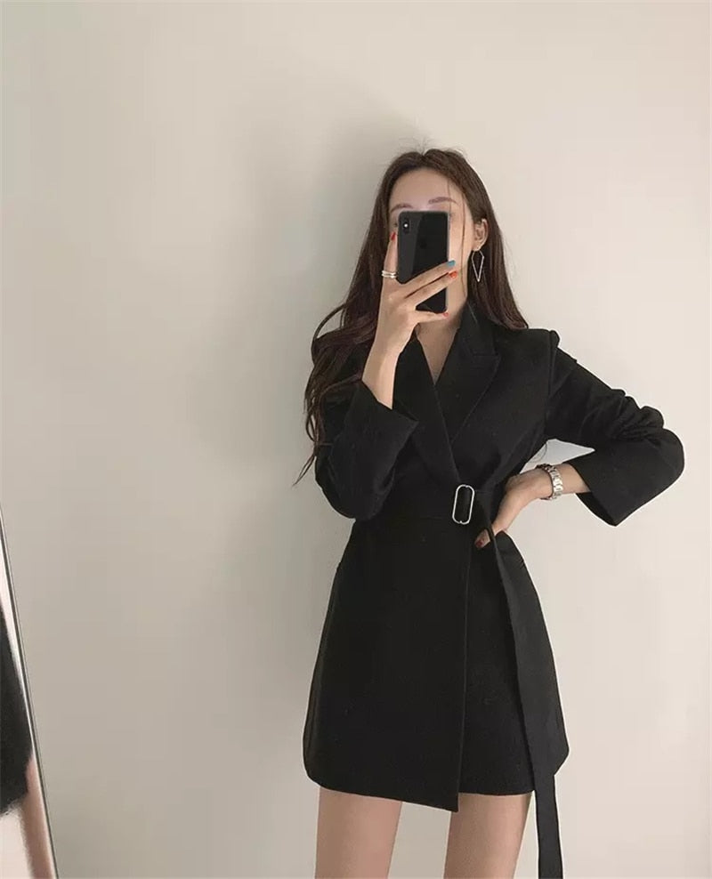 Style Notched Collar Sashes Women Blazer Dress Full Sleeve Slim Waist