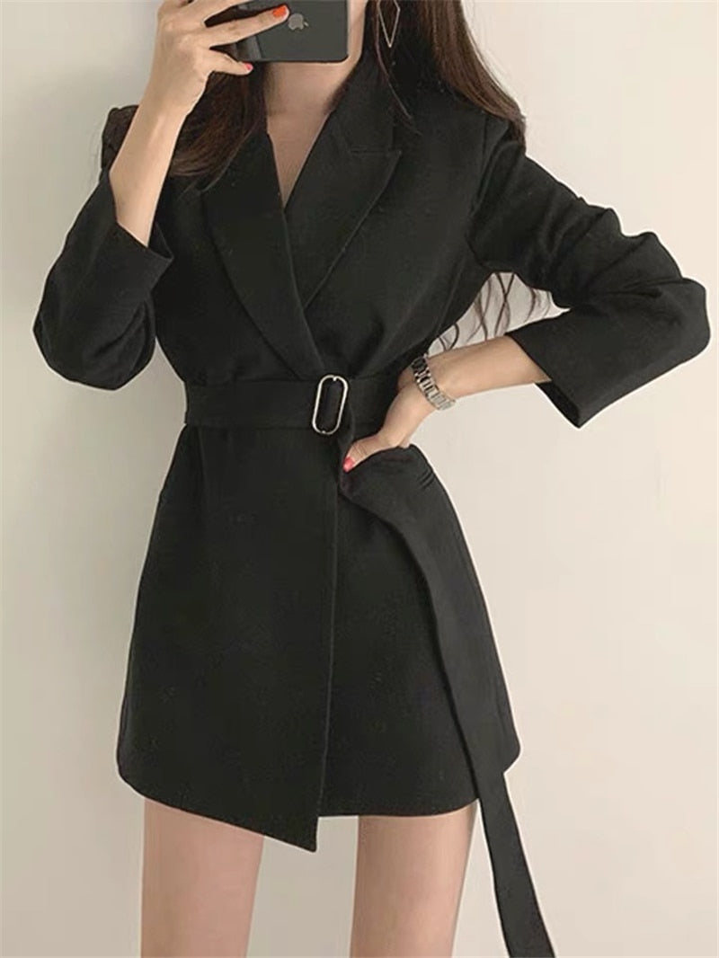 Style Notched Collar Sashes Women Blazer Dress Full Sleeve Slim Waist