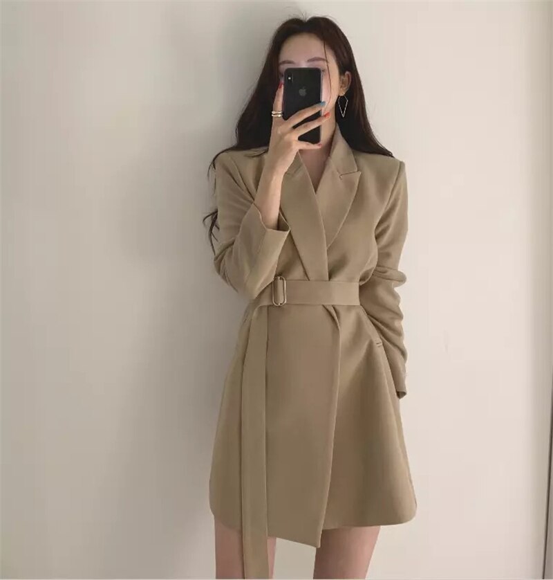 Style Notched Collar Sashes Women Blazer Dress Full Sleeve Slim Waist