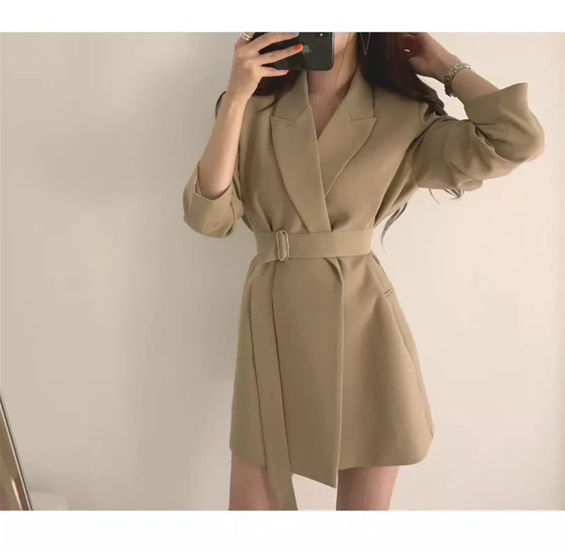 Style Notched Collar Sashes Women Blazer Dress Full Sleeve Slim Waist