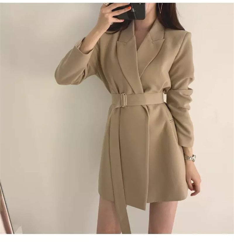 Style Notched Collar Sashes Women Blazer Dress Full Sleeve Slim Waist