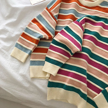 Stripe Sweater Loose Long Sleeve Pullover Tops Knitted Patchwork
