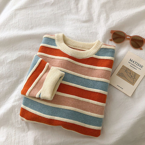 Stripe Sweater Loose Long Sleeve Pullover Tops Knitted Patchwork