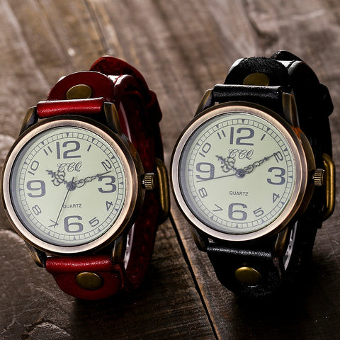 Brand Unisex Women Men Vintage Genuine Leather Strap Quartz Wrist Watches