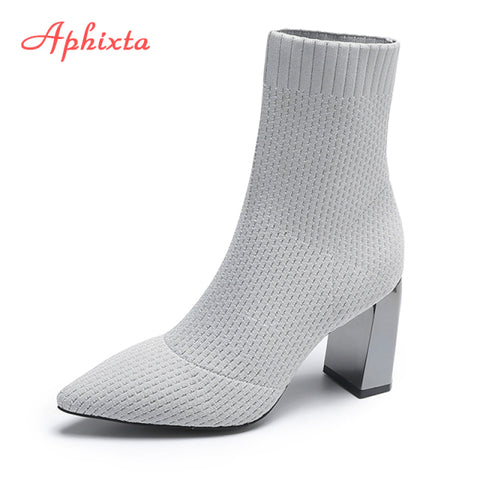 Metal Blade Heels Socks Stretch Fabric Elastic Stilettos Heel Pointed Toe Ankle Boots