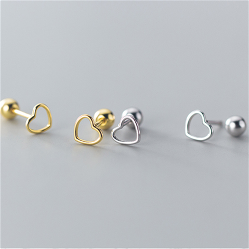 Sterling Silver Jewelry Cute Small Simple Hollow Love Heart Stud Earrings