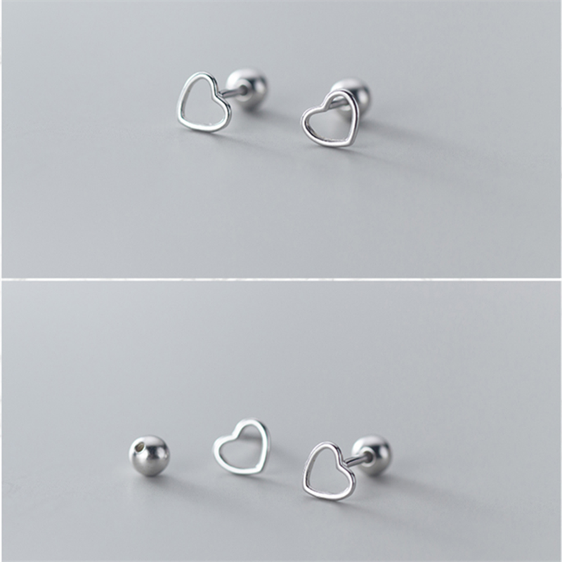 Sterling Silver Jewelry Cute Small Simple Hollow Love Heart Stud Earrings