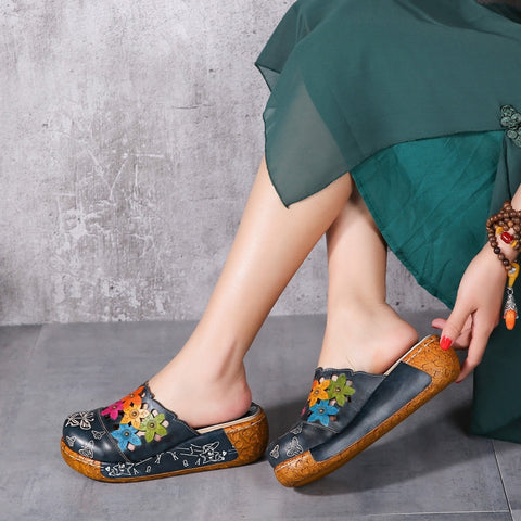 Genuine Leather  Handmade Slides Flip Flop On The Platform Clogs Woman Slippers Plus Size