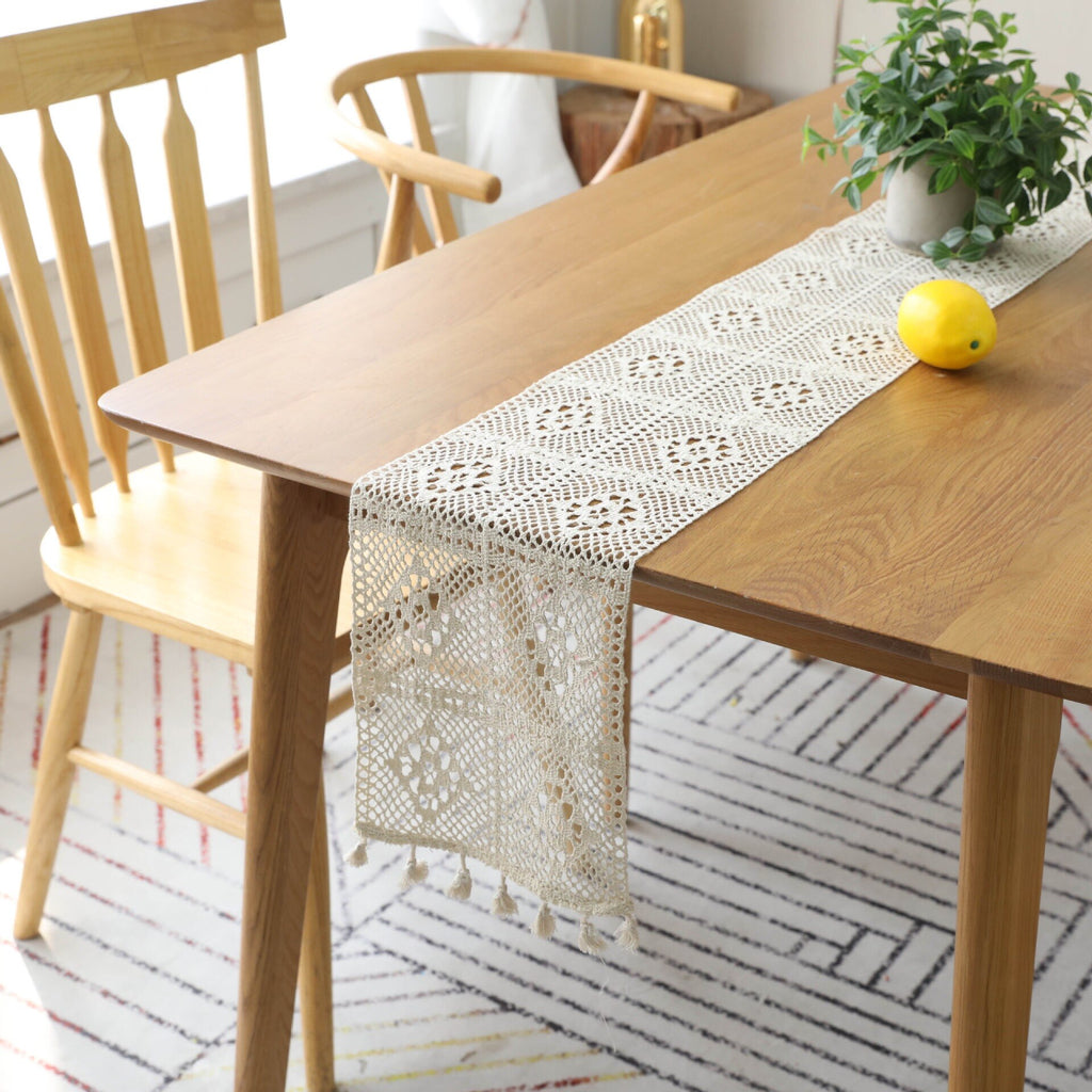 Beige Crochet Lace Table Runner with Tassel Cotton  Tablecloth runner