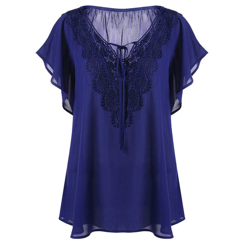 Plus Size Lace Patchwork Shirt Tops And Blouses Short Sleeve