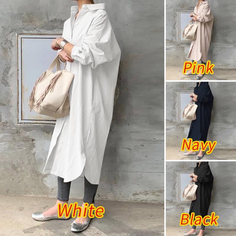 Long Shirt Dress Lapel Neck Long Sleeve Solid Vestido Casual