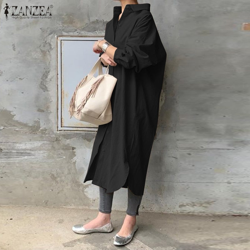 Long Shirt Dress Lapel Neck Long Sleeve Solid Vestido Casual