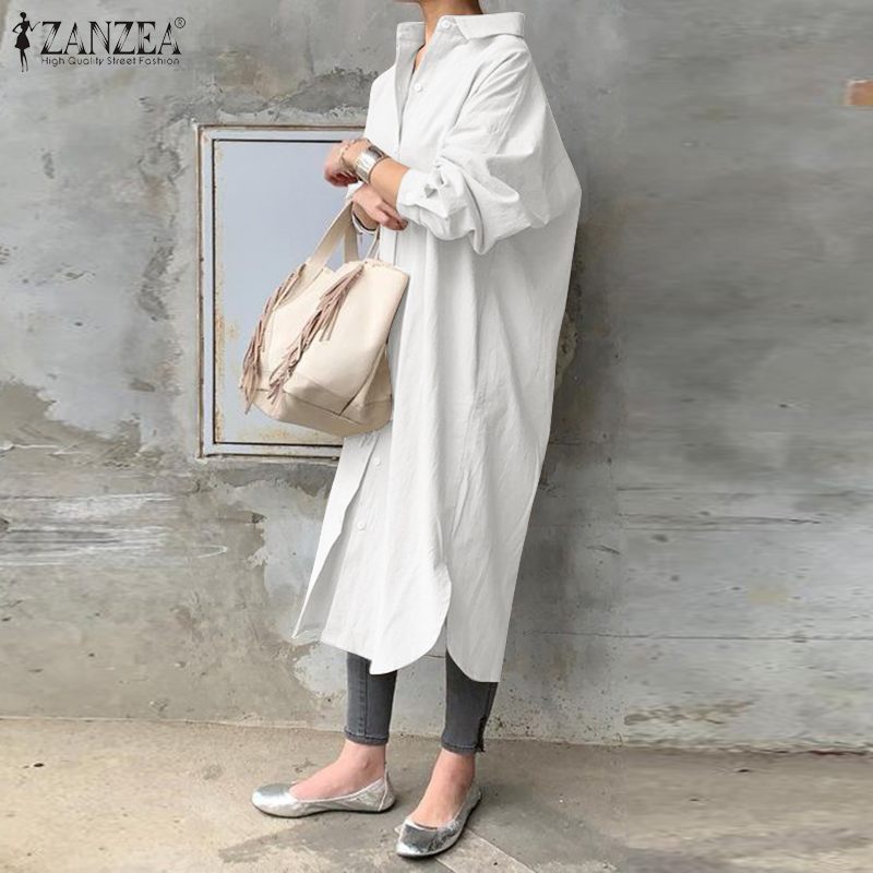 Long Shirt Dress Lapel Neck Long Sleeve Solid Vestido Casual