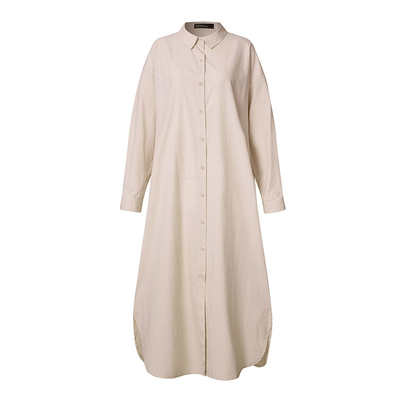 Long Shirt Dress Lapel Neck Long Sleeve Solid Vestido Casual