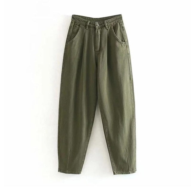 Khaki Female Cargo Pants High Waist Harem Loose Jeans Plus Size