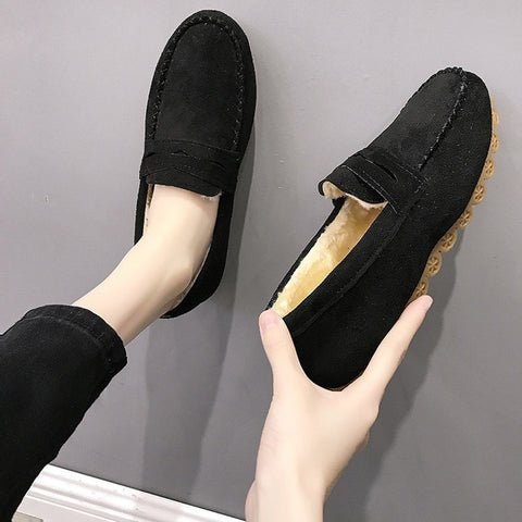 Winter Shoes Flats Loafers Short Flock Inside Sewing Slip-On Comfortable Fashion