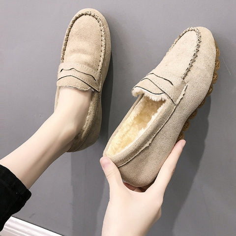 Winter Shoes Flats Loafers Short Flock Inside Sewing Slip-On Comfortable Fashion