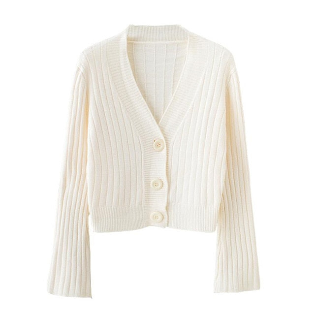 Cardigan Long Flare Sleeve Short  Sweater Ribbed Knitted