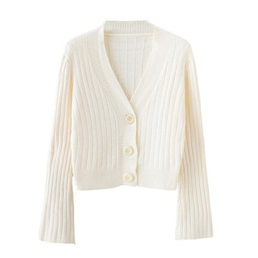 Cardigan Long Flare Sleeve Short  Sweater Ribbed Knitted