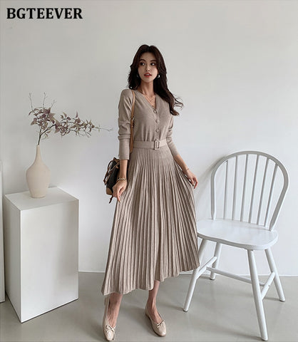 Thicken Sweater Dress Autumn Winter Knitted Belted Female