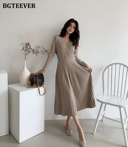Thicken Sweater Dress Autumn Winter Knitted Belted Female