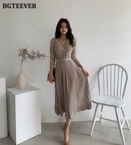 Thicken Sweater Dress Autumn Winter Knitted Belted Female
