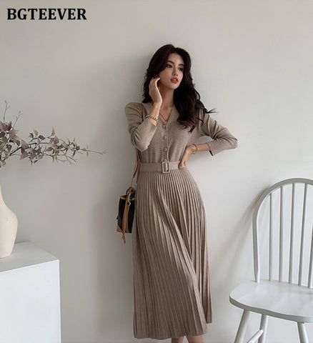 Thicken Sweater Dress Autumn Winter Knitted Belted Female