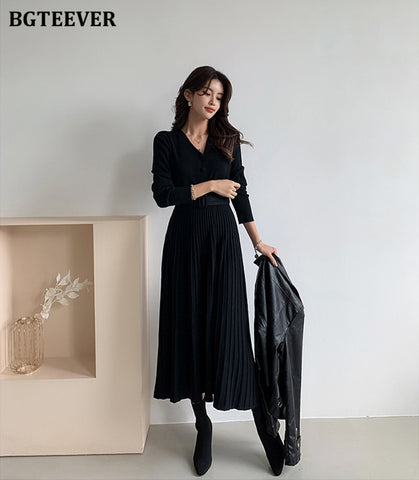 Thicken Sweater Dress Autumn Winter Knitted Belted Female