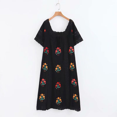 Boho dress cotton floral embroidery square neck short sleeve dresses