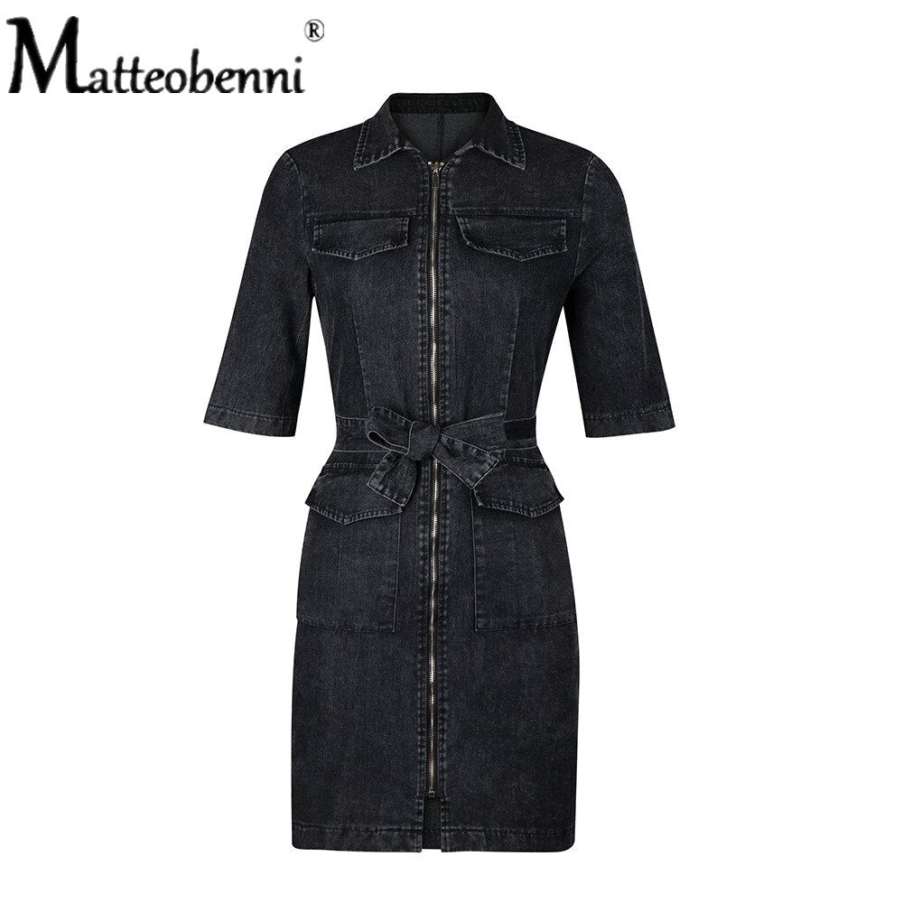 Denim Dress Zipper Casual V Neck Dress Short Sleeve Elegant Casual