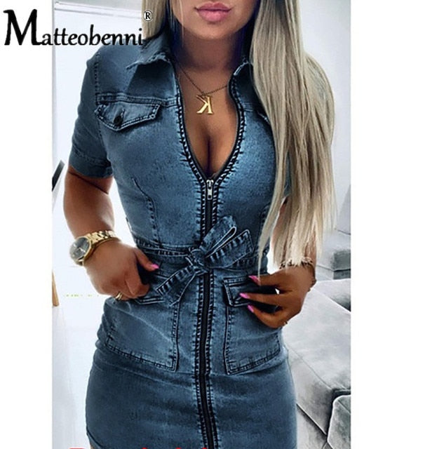 Denim Dress Zipper Casual V Neck Dress Short Sleeve Elegant Casual