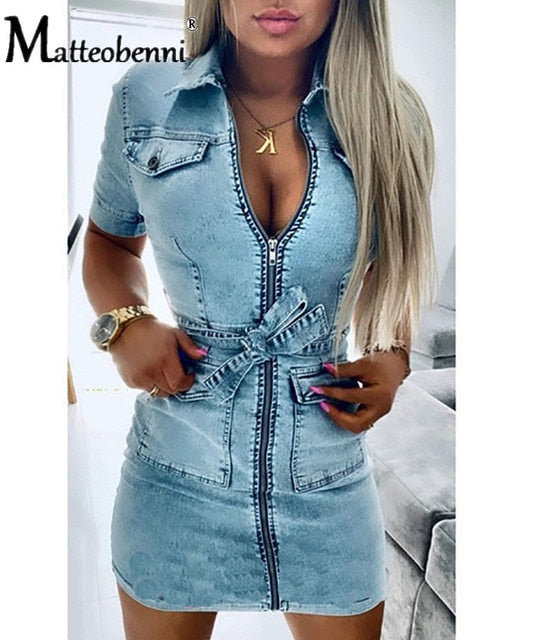 Denim Dress Zipper Casual V Neck Dress Short Sleeve Elegant Casual