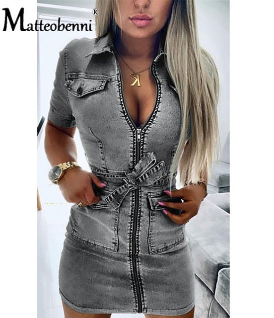 Denim Dress Zipper Casual V Neck Dress Short Sleeve Elegant Casual